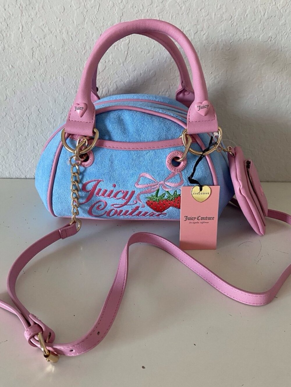 Juicy Couture Retro Strawberry Blue Gleam Bowler Satchel Bag W/Coin Purse NEW